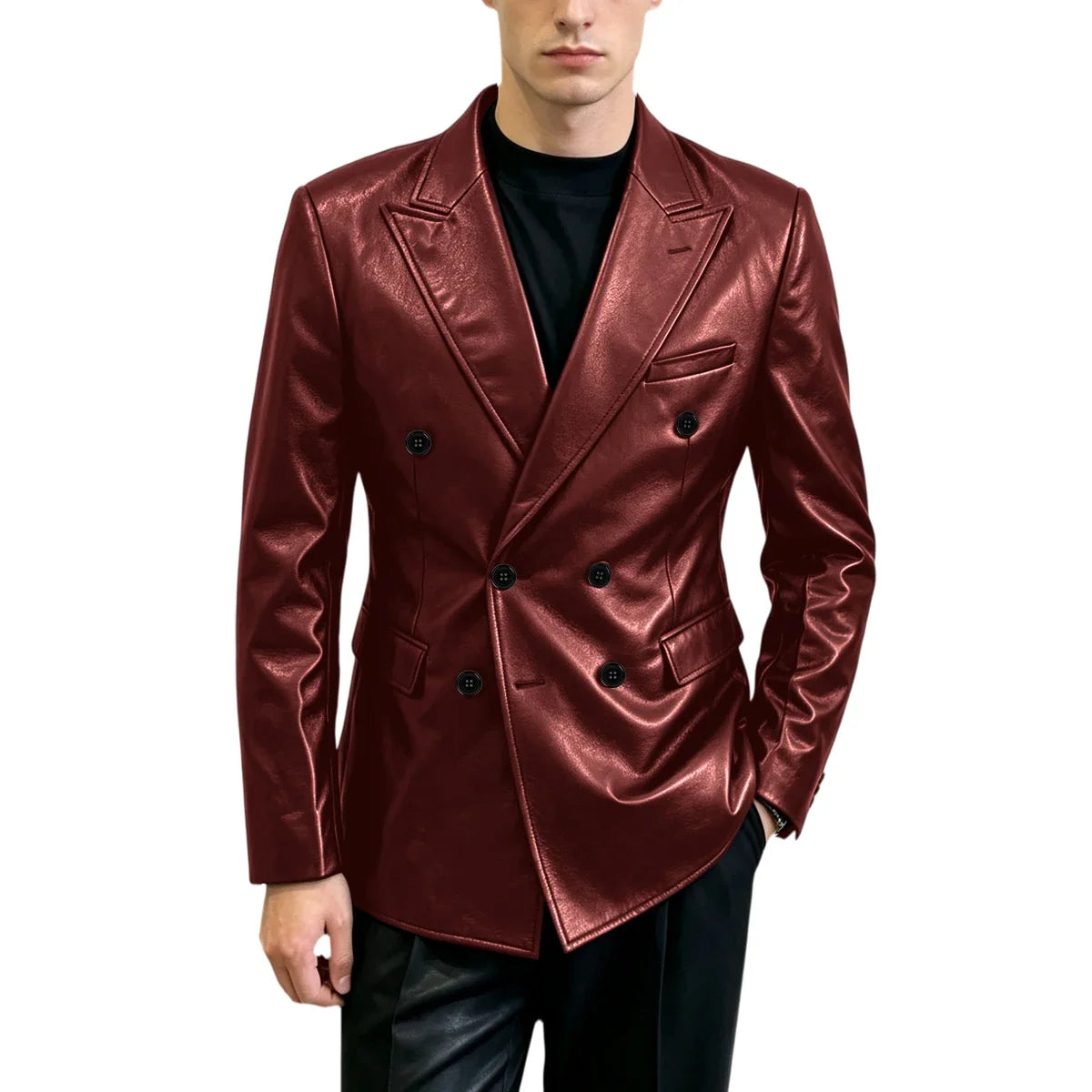 Vintage Men's Brown Leather Blazer Double Breasted Peak Lapel Slim Fit Suit Jacket High Quality Fashion Sport Coat Business Casu