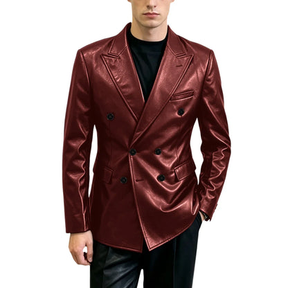 Vintage Men's Brown Leather Blazer Double Breasted Peak Lapel Slim Fit Suit Jacket High Quality Fashion Sport Coat Business Casu