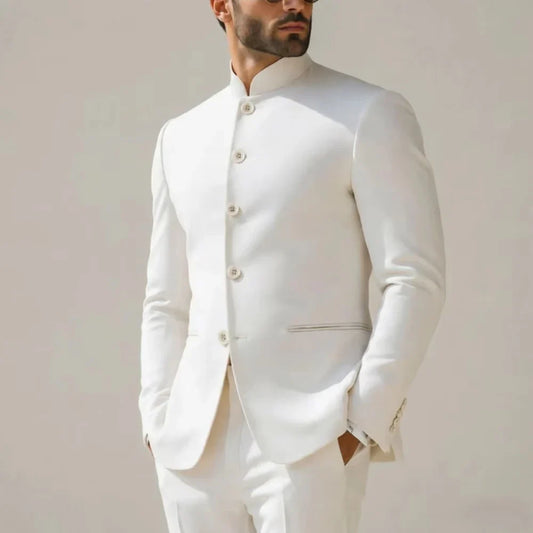 Slim Fit Single Breasted Wedding Suit with Stand Collar Mens White 2 Pieces Clean Formal Jacket Groom Prom Office Evening Wear