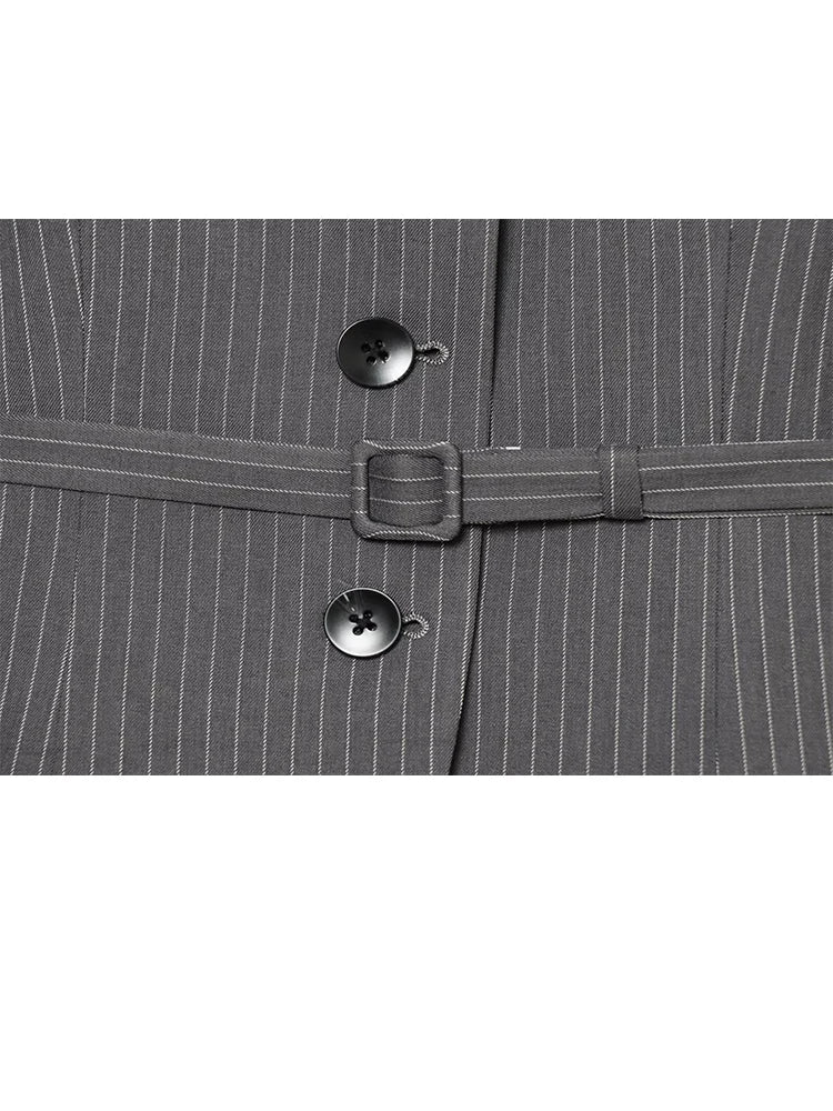 Elegant Women's Striped Blazer With Belt 2026 Spring Autumn Lapel Long Sleeves Single Breasted Slim Trendy Office Lady Suit