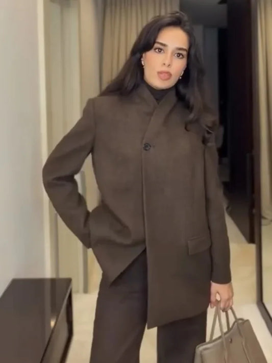 Women's Fashion Single Buckle Pocket Decoration Twill Blazer Long Sleeves Loose Jacket Woman Casual Commuting Blazer Coat