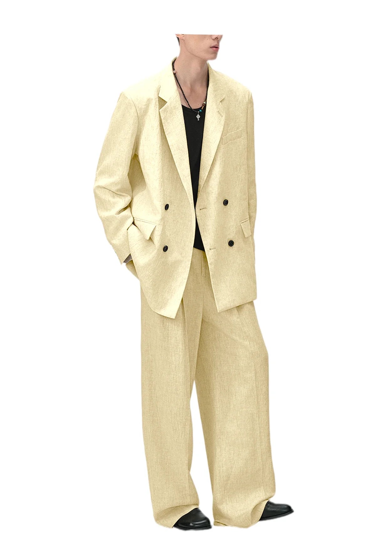 Men's Linen Double Breasted Suit – Slim Fit 2-Piece Blazer & Straight Leg Pants for Summer Weddings & Business