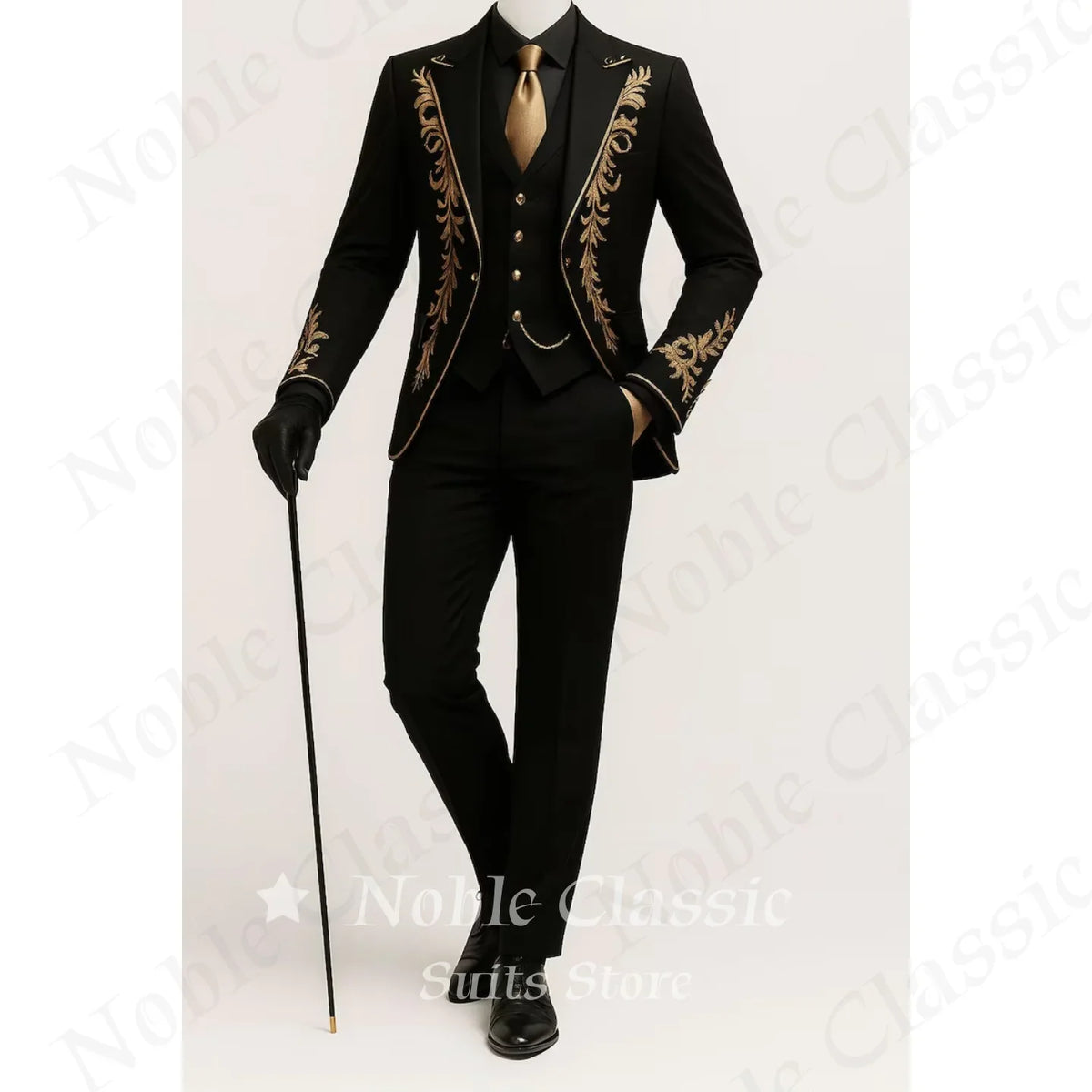 Men Black Formal 3 Pieces Tuxedo Suit Gold Floral Embroidery Shawl Collar Blazer Waistcoat Pants Wedding Groom Customized