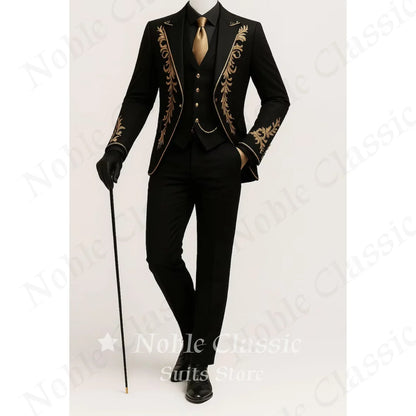Men Black Formal 3 Pieces Tuxedo Suit Gold Floral Embroidery Shawl Collar Blazer Waistcoat Pants Wedding Groom Customized