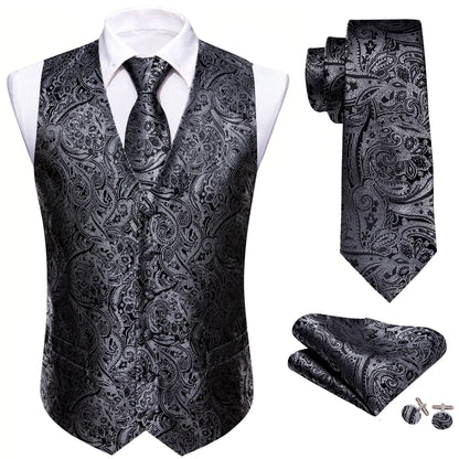 Men's Jacquard Floral V-Neck Suit Vest & Matching Tie Set, Formal Fit Waistcoat for Wedding, Prom, Business Party
