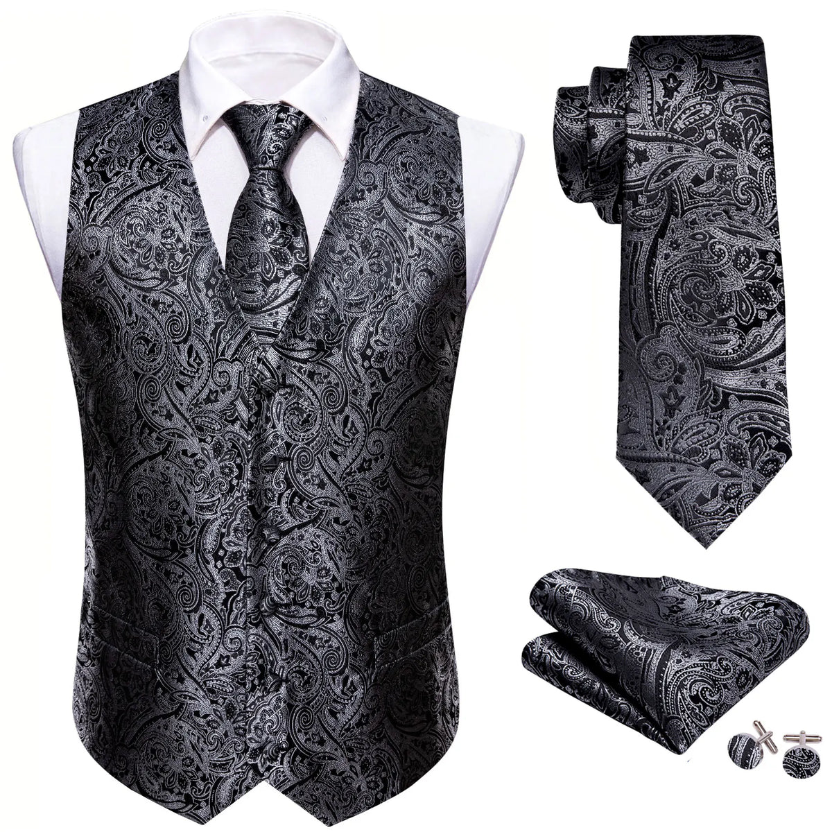 Men's Formal Vest Tie Set 4-Piece Paisley Jacquard Waistcoat for Men Wedding Business