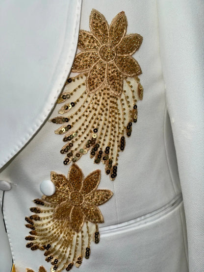 Golden Embroidery Men's Slim Fit Suits 2 Pieces Party Prom Wear Double Breasted Man Tuxedo Host Costumes High Quality Suit Set
