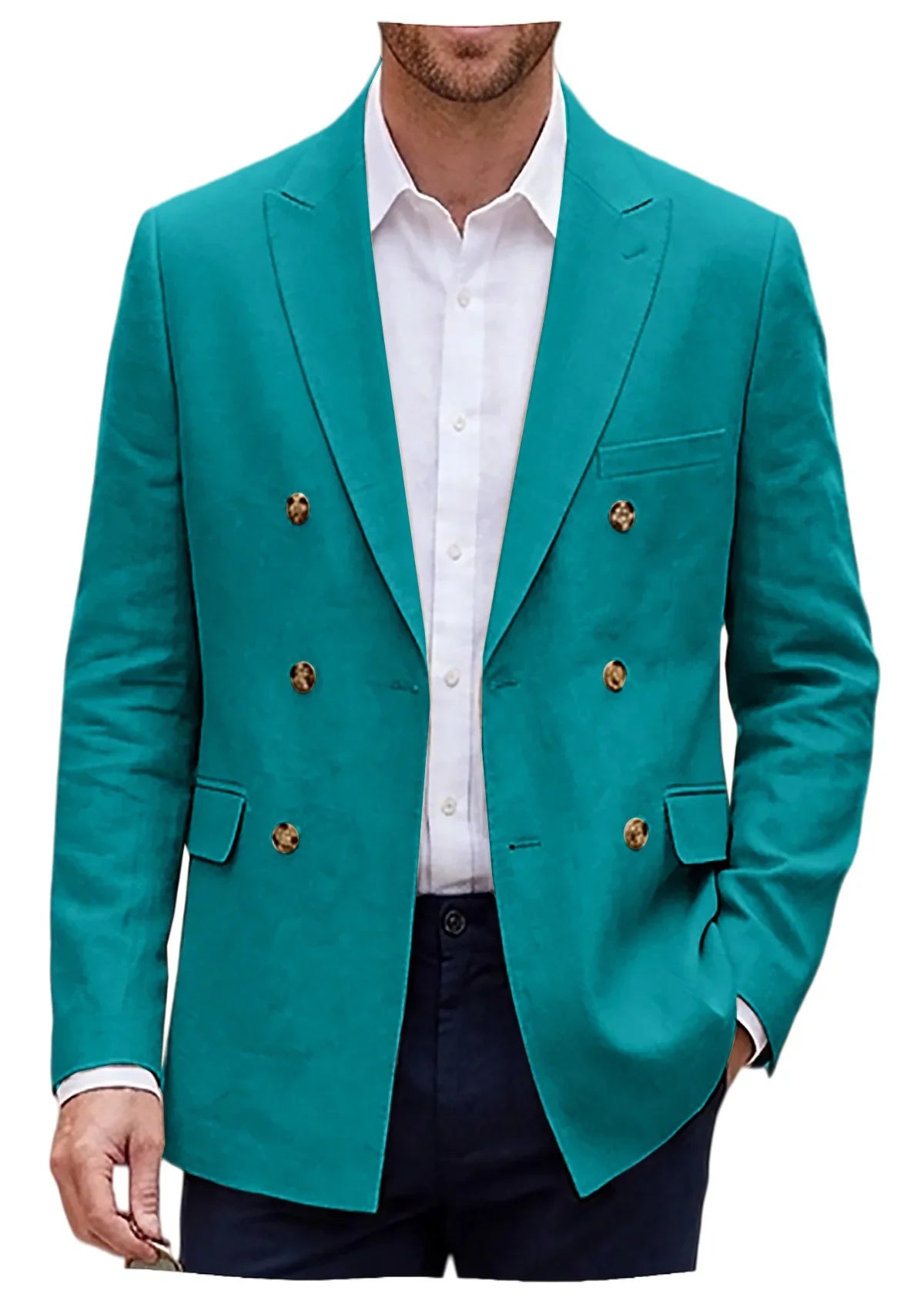 Men's Linen Blazer Notch Lapel Double Breasted Loose Fit Jacket Breathable Lightweight Business Outerwear Coat for Spring Summer