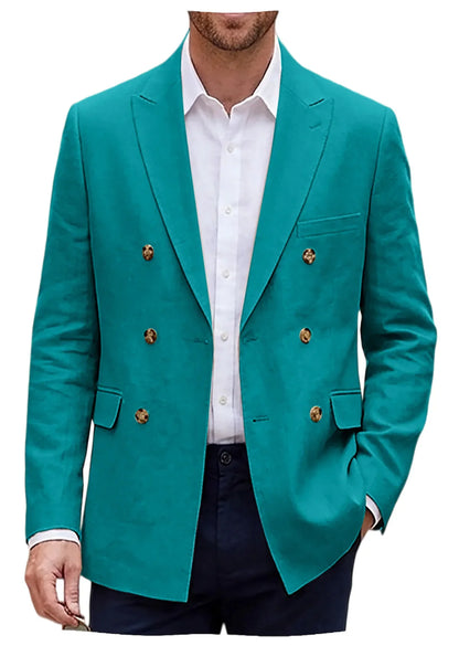Men's Linen Blazer Notch Lapel Double Breasted Loose Fit Jacket Breathable Lightweight Business Outerwear Coat for Spring Summer