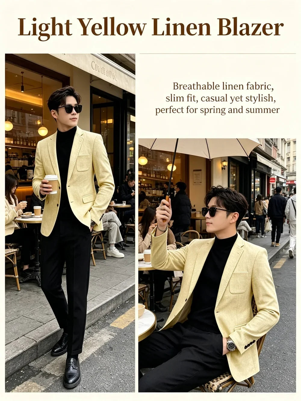 Mens Blazer Linen Blend Notched Lapel 1 Button Slim Fit Stitched Edge Patch Pockets Business Casual Daily Soft Breathable Jacket