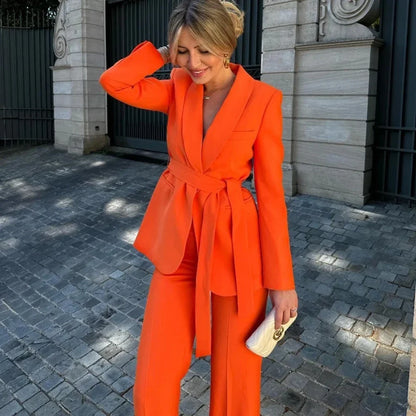 Elegant Shawl Lapel Women Suits Two Piece Summer Long Sleeves No Buttons Tuxedo Slim Casual Daily Pants Sets (Blazer+Pants)
