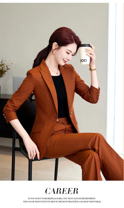 Caramel Green Striped Ladies Pant Suit 2025 Autumn Women Business Work Wear Single Button Jacket and Trouser Blazer 2 Piece Set