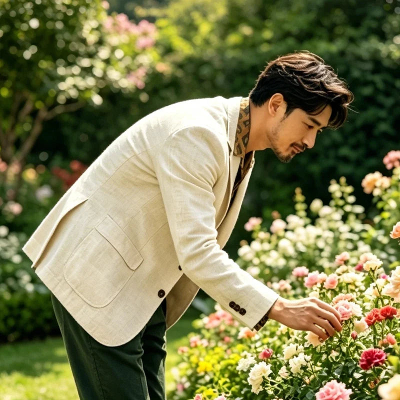 Men's Linen Blazer Single Breasted 2-Button Notched Lapel Slim Fit for Summer Wedding