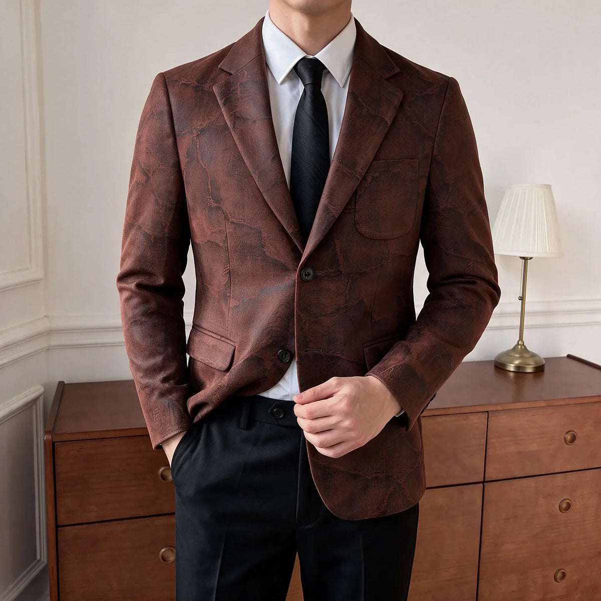 Men's Embossed Suede Blazer Smart Casual Single Breasted Jacket for Everyday Wear