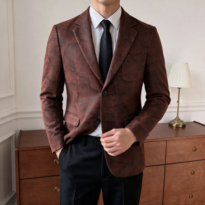 Men's Embossed Suede Blazer Smart Casual Single Breasted Jacket for Everyday Wear