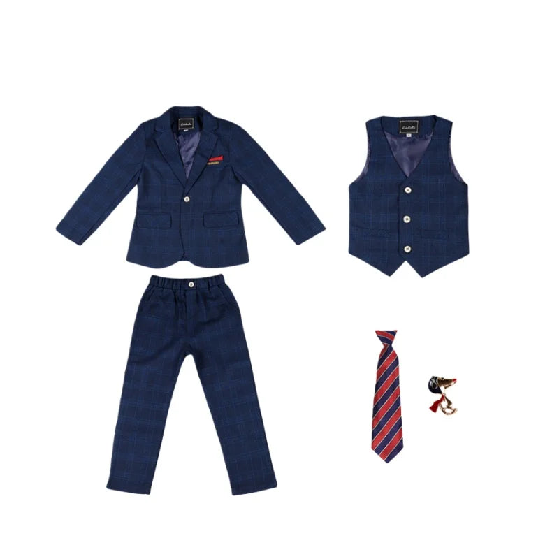 Handsome Boys Plaid Suit Set With Blazer Vest Pants Bowtie Brooch 1-11Years Kids Formal Birthday Wedding Party Outfit Suit Set