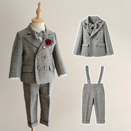Kids Boys Gentleman Plaid Suit Outfit Jacket Pants Suspenders Bow Tie Formal Wedding Party Photograph Costume for Baby Boy Cloth