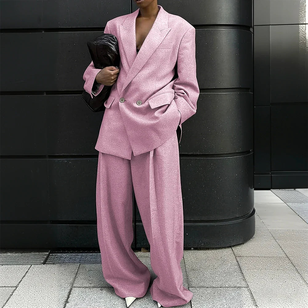 Gray Woolen Office Lady Suit Stretch-comfort Double-breasted Peak-lapel 2Pieces(Jacket+Pants) Casual Oversize Business Women Set