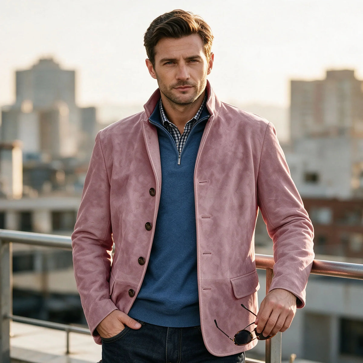 Men's Suede Blazer Single Breasted Slim Fit Classic Stand Collar Suit Jacket for Weddings & Daily Wear