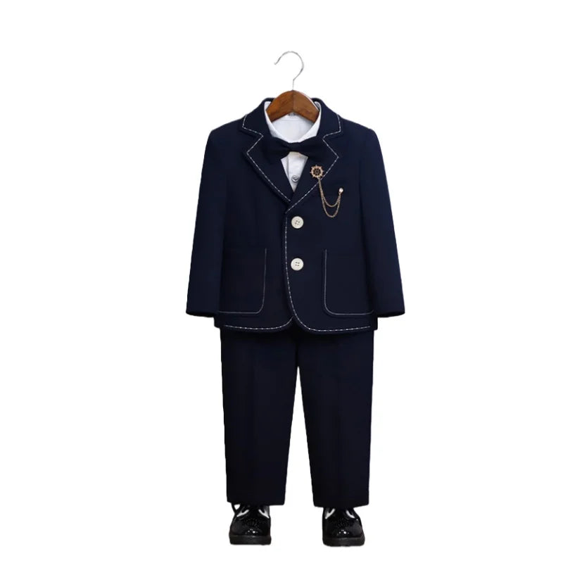 Gentlman Boys Formal Wedding Suit Set Kids Blazer Vest Pants Bowtie Brooch 5Pieces Clothes Set Children's Performance Costume