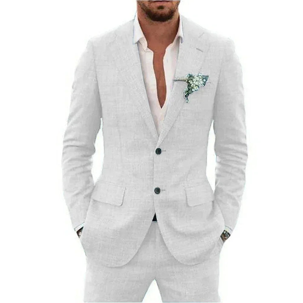 Costume décontracté 2 pièces beige/bleu en lin pour homme, revers cranté, coupe ajustée, blazer et pantalon, de haute qualité, pour mariage de plage ou bal de promo d'été