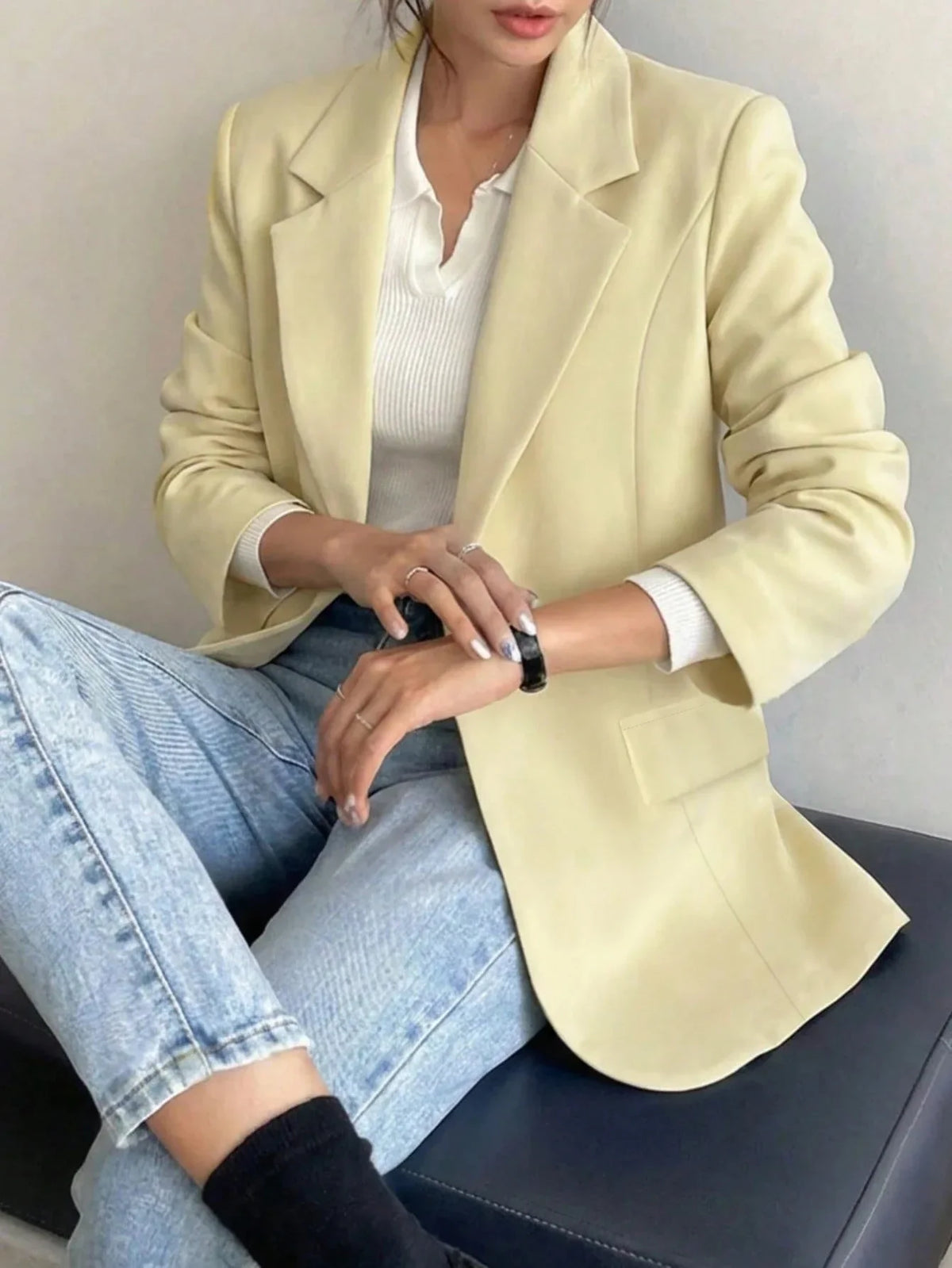 Women's Single-Button Loose Fit Suit Jacket Trans-seasonal Yellow Collar Commute Casual Polyester Fabric Fashionable