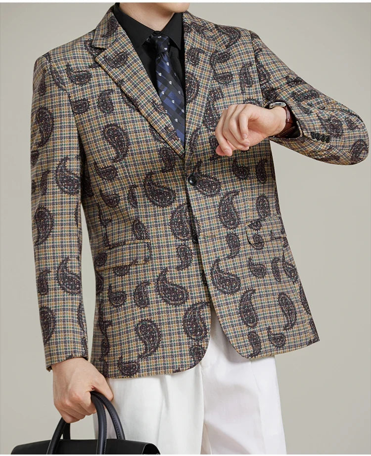 Autumn Winter Cashew Plaid Suit Jacket Men Fashion Casual Embroidered Jacquard Suit Jackets Business Social Party Men Blazers