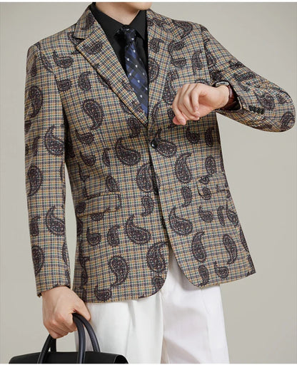 Autumn Winter Cashew Plaid Suit Jacket Men Fashion Casual Embroidered Jacquard Suit Jackets Business Social Party Men Blazers