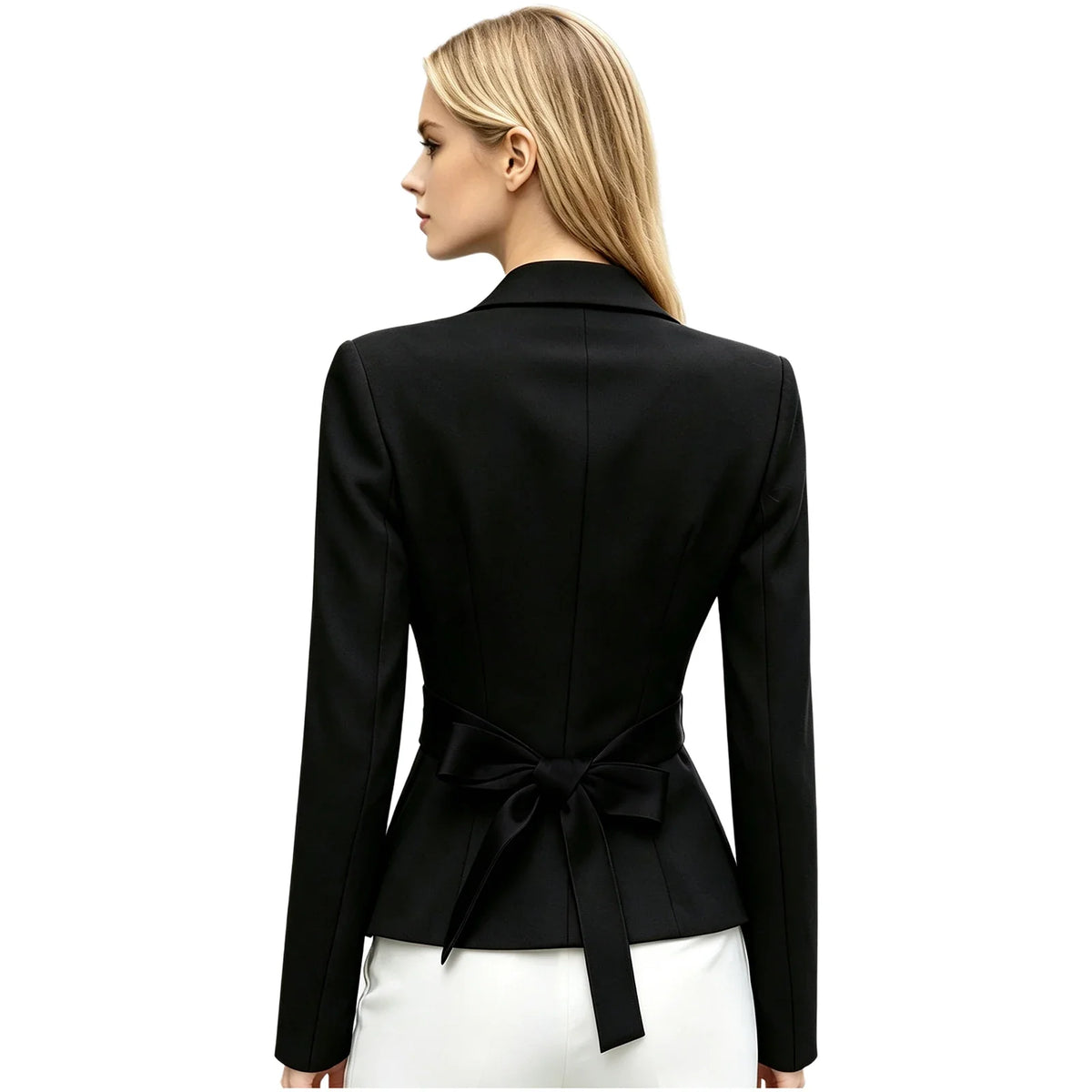 Women Solid Color Blazer V Neck Long Sleeve Padded Shoulders Belted Waist Button Pointed Hem Jacket Coat Office Lady Outerwear