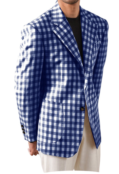 Men's Checkered Cotton Blazer Notched Lapel Single-Breasted Casual Business Summer Sport Coat with Patch Pockets
