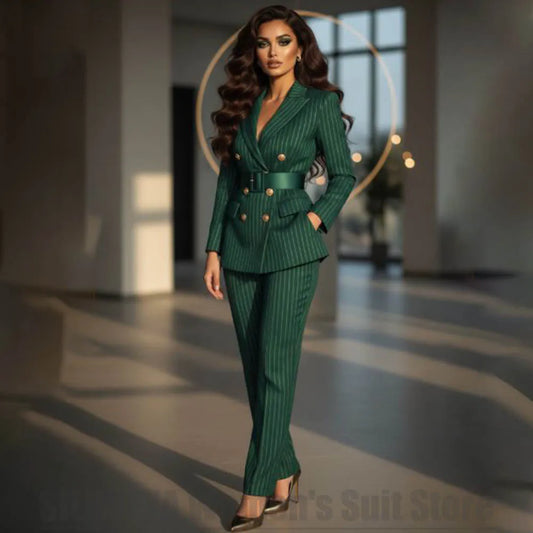 Chic Striped Women's Suit Emerald Double Breasted Blazer and Pants Set Elegant Formal Party Evening Outfit Stylish 2 Piece