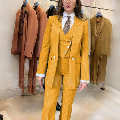 Navy Blue Striped Suit For Women Stylish Single Button Peak Lapel Elegant Outfit Business Meeting Office Formal Set Three Pieces