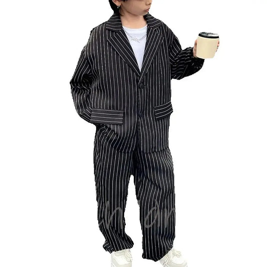 Black Striped Suit For Boy Children's Clothing Classic Single Breasted Loose Fit 2 Pieces Jacket Pants Daily Casual Kids Set