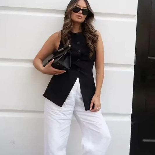 Woman Vest Outerwears Sleeveless Long Vests For Women Office Casual Women's Suit Vest Autumn Button Black White Vest