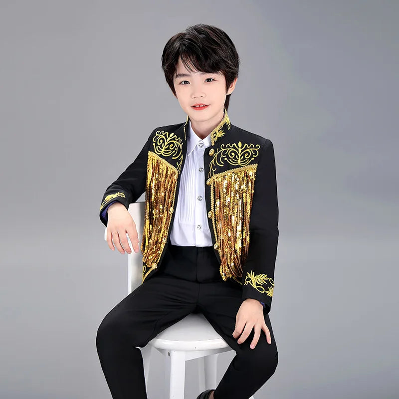 Boys Sequenant 2 Pieces/Set Jacket Pants Embroidery Paino Host Performance Dress Kids Stage Show Photography Suit Children's Set