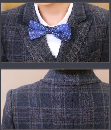 kids Gray Plaid Suit Set Flower Boys Wedding Outfit Children's 4Pieces Formal Wear With Jacket Vest Pants Bowtie
