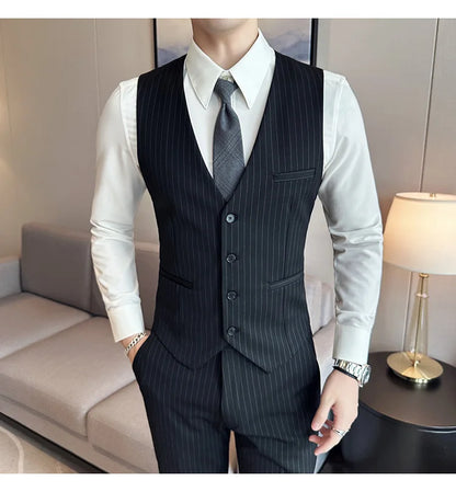 (Jacket + Vest + Pants)Three Piece Set Men Blazers Set stripe Suits Busines Casual Slim Fit Formal Dress Groom Tuxedo Wedding