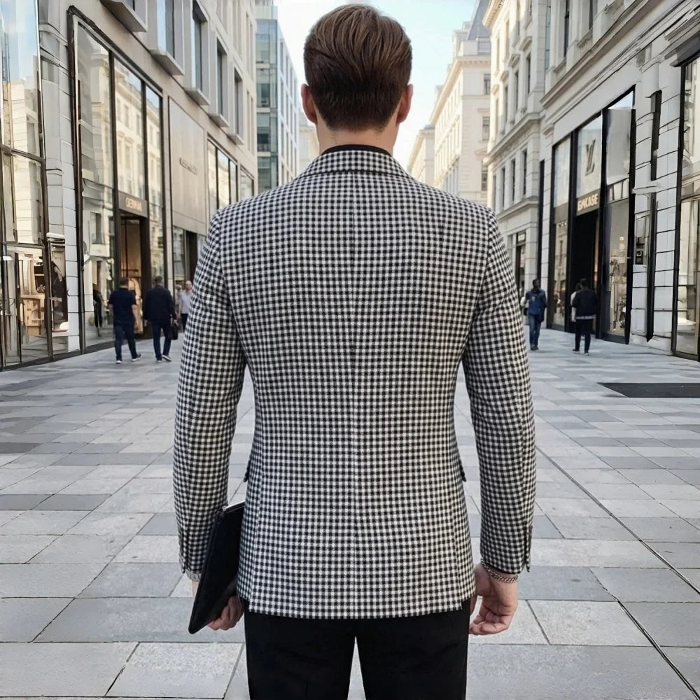 Slim Fit Plaid Men Suit Jacket 1 Piece Double Breasted Houndstooth Check Male Blazer For Wedding Prom Party tweed blazer coats