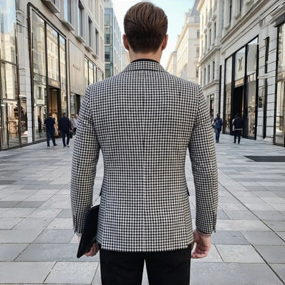 Slim Fit Plaid Men Suit Jacket 1 Piece Double Breasted Houndstooth Check Male Blazer For Wedding Prom Party tweed blazer coats