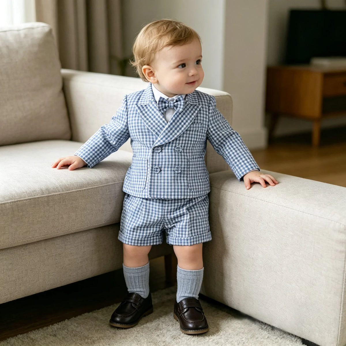 Toddler Baby Boy Checked Formal Suit Set 3 Pcs  Blazer Suspender Short Infant Gentleman Clothes For Wedding Birthday Photography