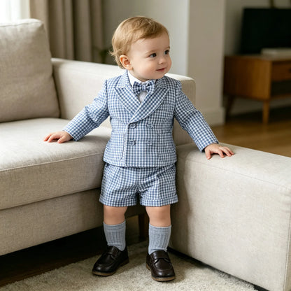 Toddler Baby Boy Checked Formal Suit Set 3 Pcs  Blazer Suspender Short Infant Gentleman Clothes For Wedding Birthday Photography