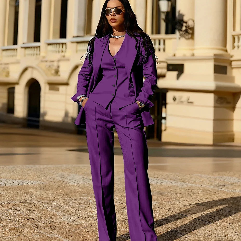 Light Blue 3 Piece Suit Set New Women's Jackets Single Breasted Peaked Lapel Blazer+Vest+Pants Formal Office Commute Outfit