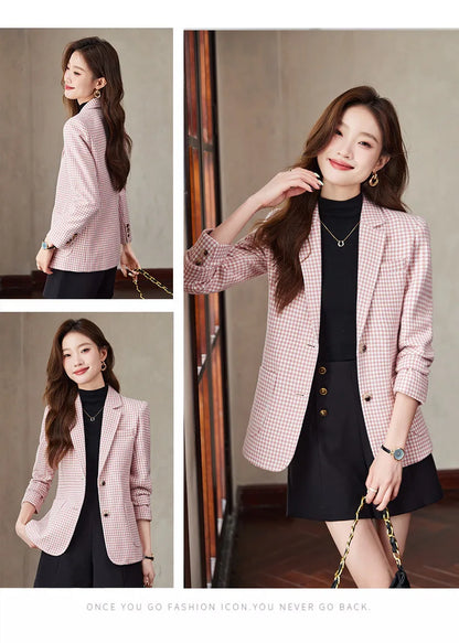 Women Office Ladies Single Breasted Slim Blazer Coat Autumn Winter Fashion Plaid Temperament Long Sleeved Elegant Tops Vacation