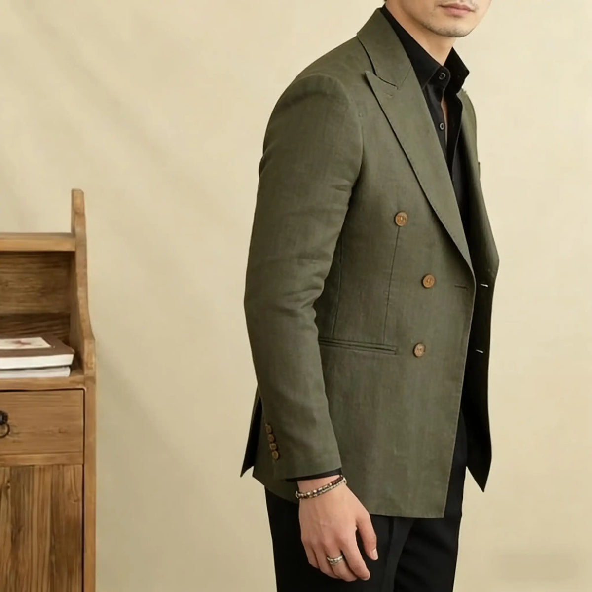 Vintage Men's Linen Blazer Double Breasted Peak Lapel Slim Fit Jacket Breathable Soft Wrinkle Free Business Casual Men Suit Coat