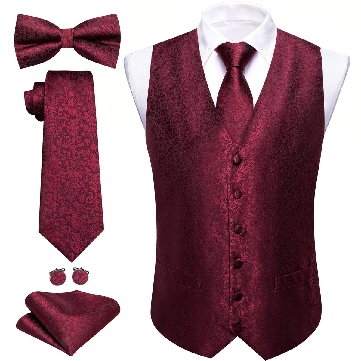 Men's Jacquard Suit Vest Set with Tie, Bow Tie, Pocket Square & Cufflinks – Wedding & Formal