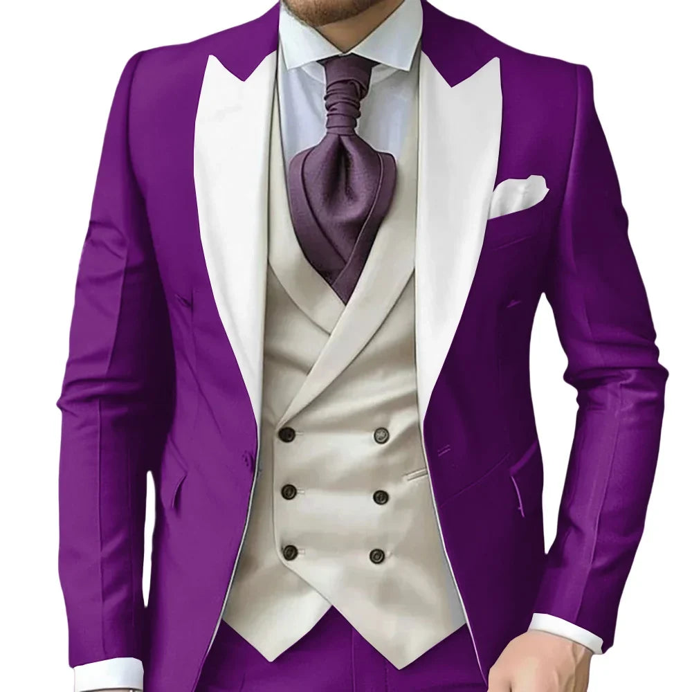 Fashionable Contrast Color Men's Suits 3 Pieces Jacket Vest Pants Dancing Sets Handsome Peak  Lapel Suit Set For Men Party Wear