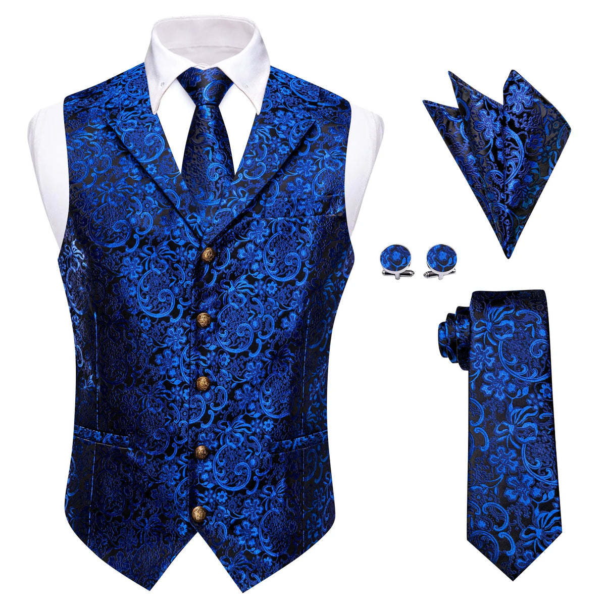 Men's Suit Vest Set with Tie Hanky and Cufflinks – Royal Red Paisley Waistcoat for Wedding and Business