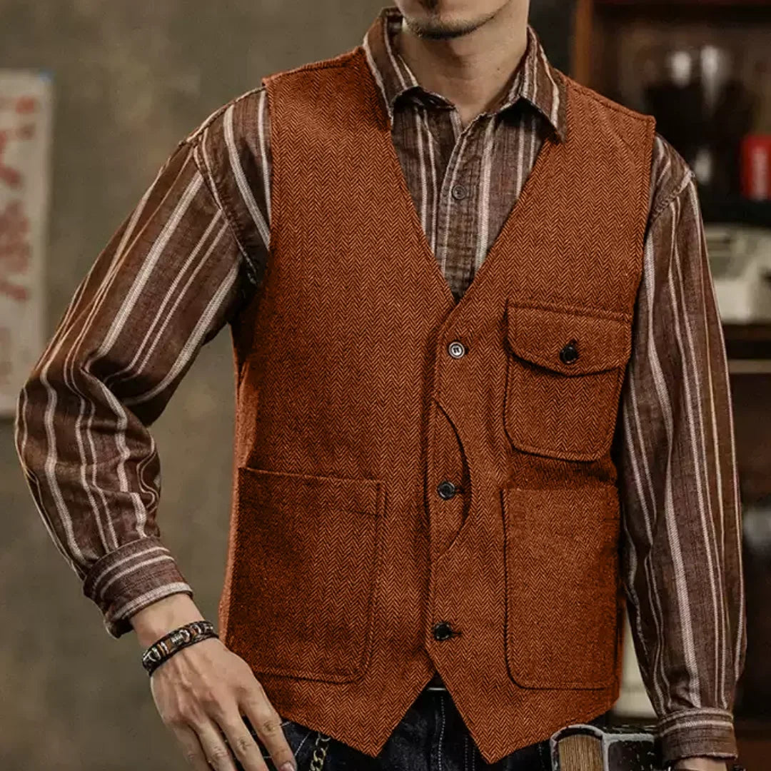 Men's Herringbone Suit Vest – Single Button Waistcoat for Wedding & Business