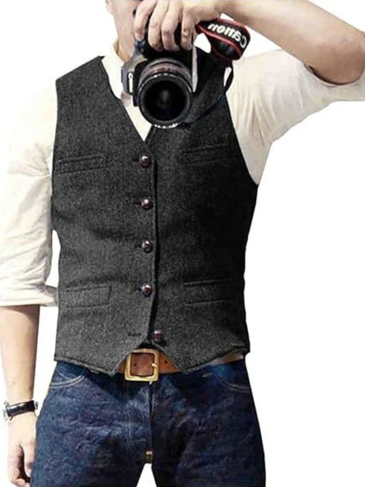 Men's Herringbone Vest – Single Breasted Formal Waistcoat for Business & Casual Wear
