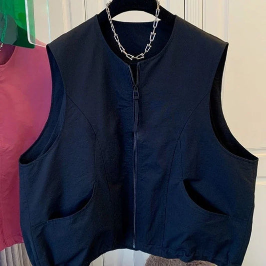 Women's Vest 2026 New Solid Color Round Neck Zipper Loose Sleeveless Jacket Vest Female Casual Tops Ladies Waistcoat Outerwear